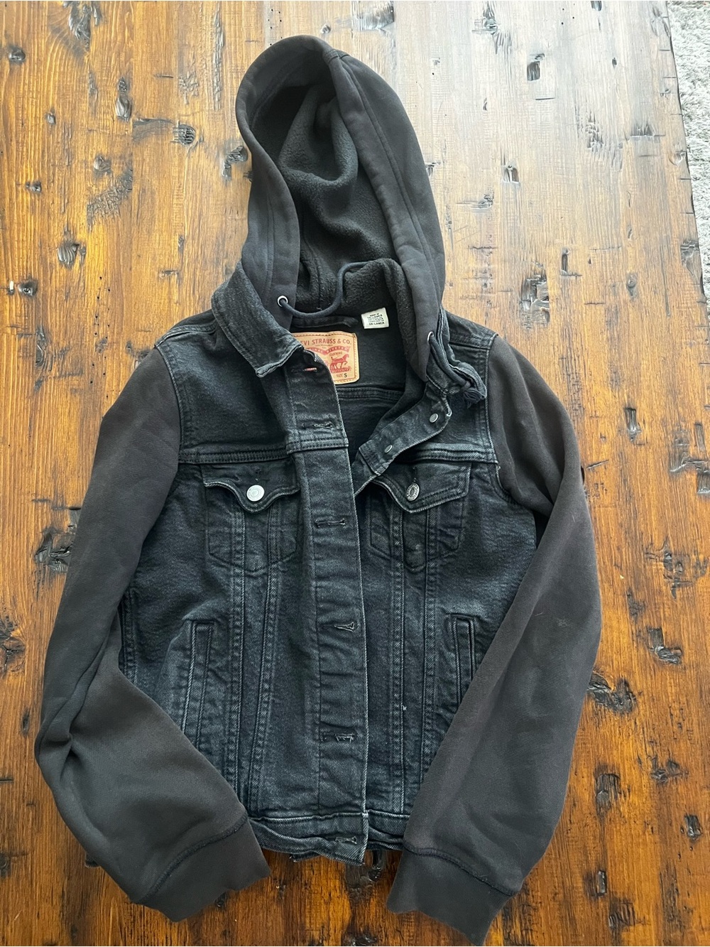 Black Hooded Mixed-Material Kids Jacket